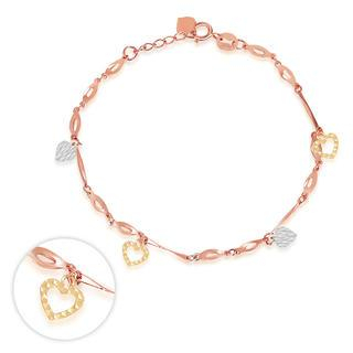 MaBelle 14K Italian Tri Color Yellow Rose White Gold Diamond-Cut Heart Charm Bracelet, Women Girl Jewelry in Gift Box