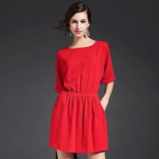 Y:Q Smocked-Waist Short-Sleeve Dress