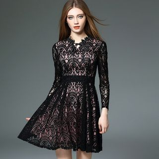 Y:Q Long-Sleeved Lace A-Line Dress with Sash
