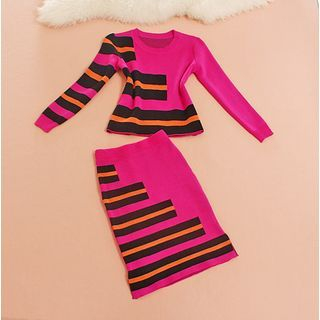 Daina Set: Long-Sleeve Striped Knit Top + Striped Knit Midi Skirt