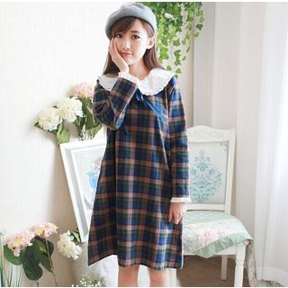 Moricode Peter Pan Collar Tie-Front Plaid Dress