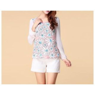 Strawberry Flower Long Sleeved Floral Print Chiffon Top
