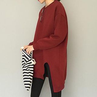 Eva Fashion Plain Slit Fleece-lined Pullover