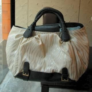 Metallic Animal-Print Satchel Black & Off White