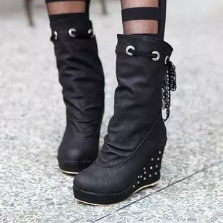 Pretty in Boots Ruched Studded Wedge Mid-calf Boots