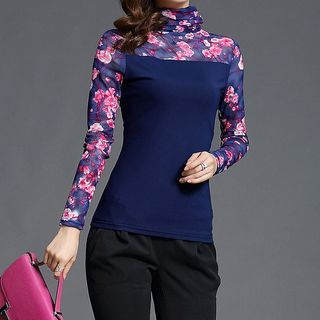 Fumiko Long-Sleeve See Through Floral Stand Collar Blouse