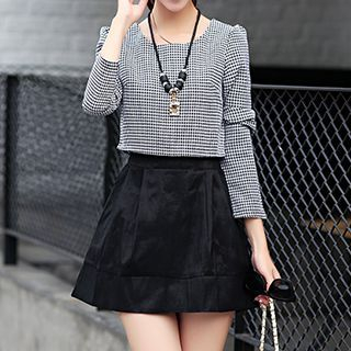 chome Mock Two-Piece Houndstooth Dress with Necklace
