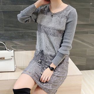 lilygirl Long-Sleeve Lace Panel Dress