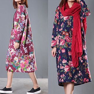 chic n' fab Floral Print Linen-blend Long-Sleeve Dress