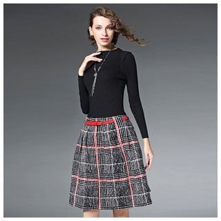 Elabo Long-Sleeve Knit Panel Check Dress