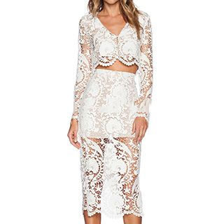 Blinck Set: Long-Sleeve Cropped Lace Top + Midi Lace Skirt