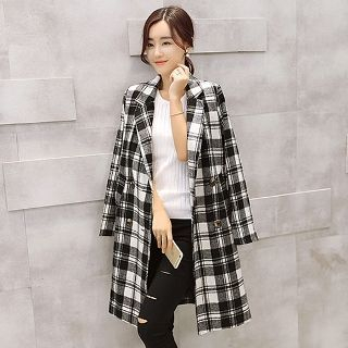 Romantica Notched-Lapel Double-Breasted Plaid Coat