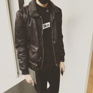Jimboy Fleece Collar Faux Leather Jacket