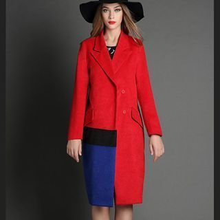 Mythmax Notched-Lapel Color-Block Snap-Button Coat