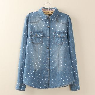 Tangi Heart Patterned Fleece-lined Denim Blouse