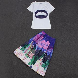 Amella Set: Lip Print T-Shirt + Printed Skirt