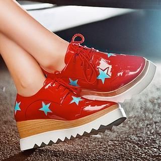 JY Shoes Genuine Leather Star Cutout Lace-Up Wedges