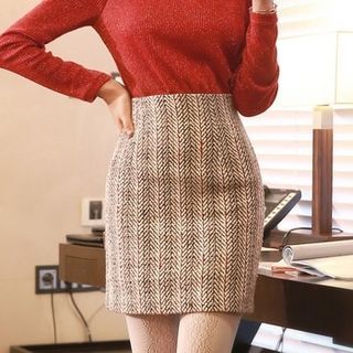 Styleonme High-Waist Herringbone Pencil Skirt