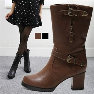 Reneve Chunky-Heel Belted Mid-Calf Boots