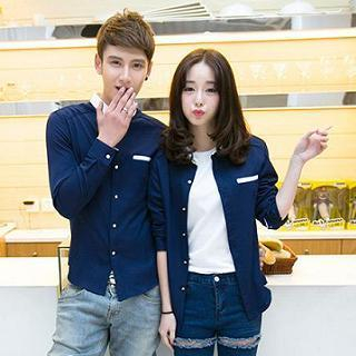 Evolu Contrast Collar Long-Sleeve Couple Shirt