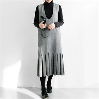 YOOM Sleeveless Pleats-Hem Herringbone Long Dress