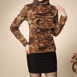 Fumiko Long-Sleeve Patterned Stand Collar T-Shirt