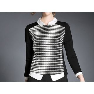 Merald Long-Sleeve Houndstooth Panel Collared Top