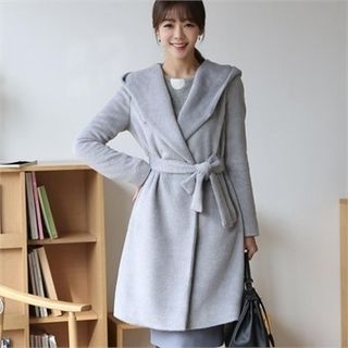 ode' Shawl-Collar Hooded Long Coat with Belt