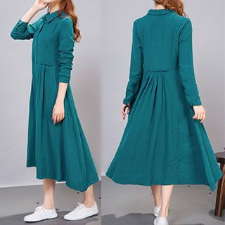 chic n' fab Long-Sleeve Linen-blend Collared Dress
