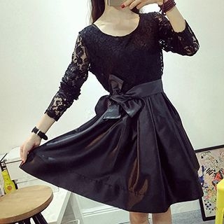 Fashion Street Lace Panel Faux Leather Pleated Dress
