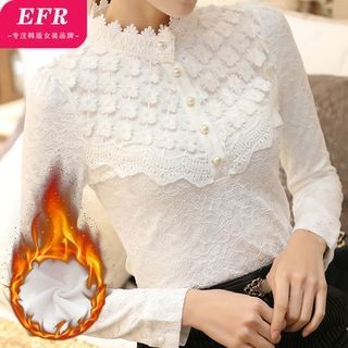 Eferu Lace Yoke Fleece-Lined Long-Sleeve Blouse