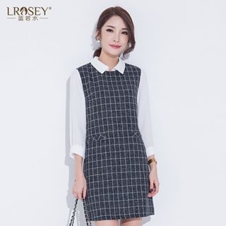 LROSEY Mock Two Piece Check-Panel Dress