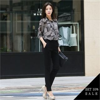COCOAVENUE Set: Patterned Roll-Up Sleeve Blouse + Flat-Front Dress Pants