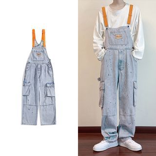 Splash Print Washed Cargo Wide Leg Denim Jumper Pants