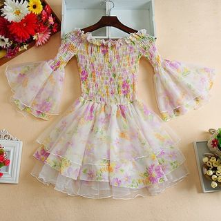 Daina Floral Print Bell-Sleeve Tulle Dress