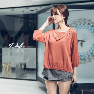 PUFII Lace Collar Knit Top