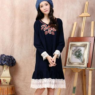 Blue Hat Long-Sleeve Embroidered Dress