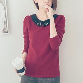 Tokyo Fashion Long-Sleeve Beaded Contrast-Collar Top
