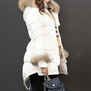 Snowfluff Furry-Trim Applique Drawstring Down Coat