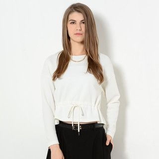 YesStyle Z Long-Sleeve Drawstring-Waist Cropped Top White - One Size