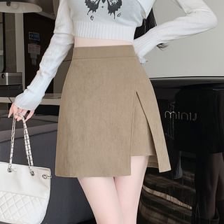 High Waist Plain Slit Asymmetrical Corduroy Mini A-Line Skirt