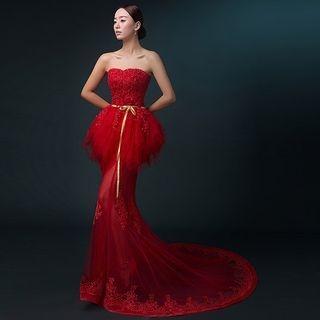 Royal Style Strapless Mermaid Evening Gown with Train