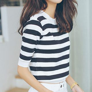 Queen Bee Striped Elbow-Sleeve Knit Top
