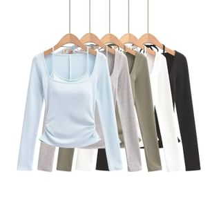 Long Sleeve Square Neck Plain Ruched Mock Two Piece Tee