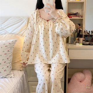 Pajama Set: Long-Sleeve Cherry Print Shirt + Pants Set of 2 - Top & Pants - Almond - One Size