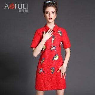 Ovette Collared Bird Embroidered Lace Dress