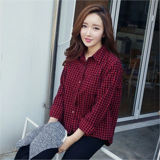 SARAH Gingham-Check Slit-Hem Shirt