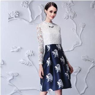 Sentubila Long-Sleeve Lace Perforated Print A-Line Dress