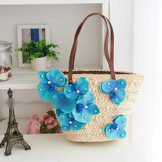 Trava Flower Accent Straw Shoulder Bag