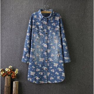 Blue Rose Long-Sleeve Floral Print Denim Shirtdress